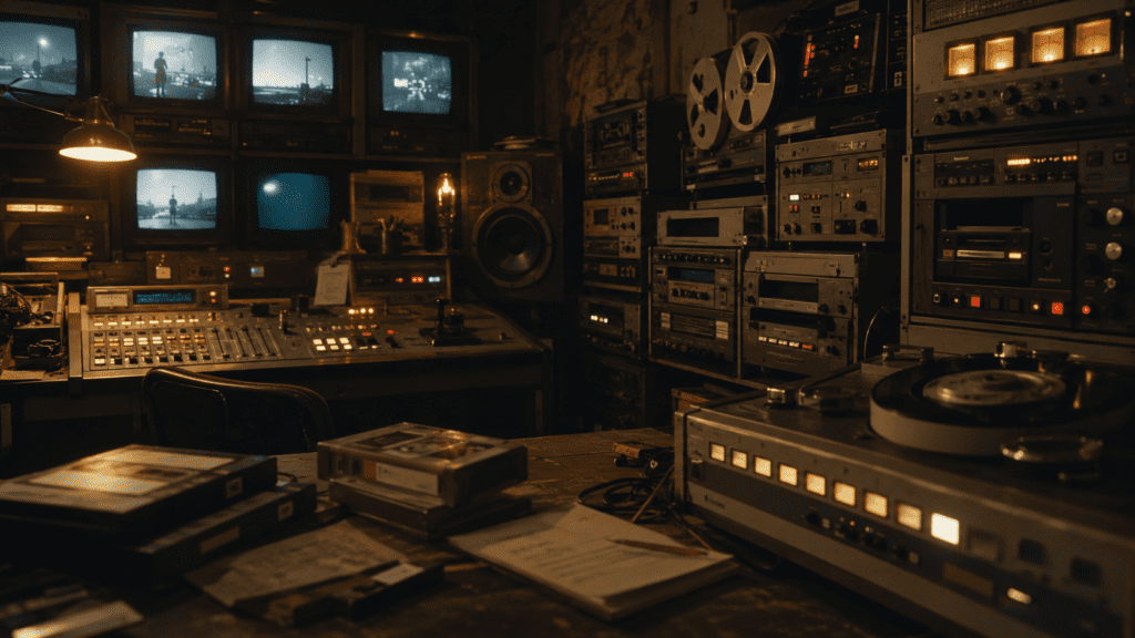 Analog video production room with vintage monitors, tape machines and editing equipment
