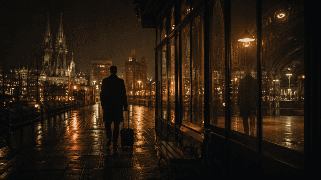A solitary figure walking through a rainy German city at night
