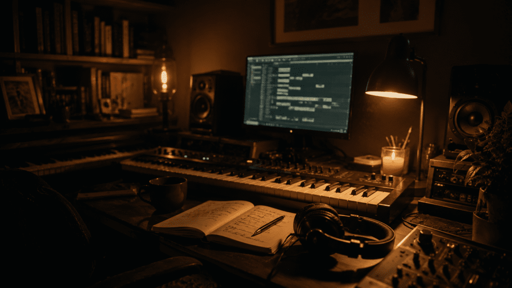 A warm home music studio with keyboard, headphones and a digital audio workstation