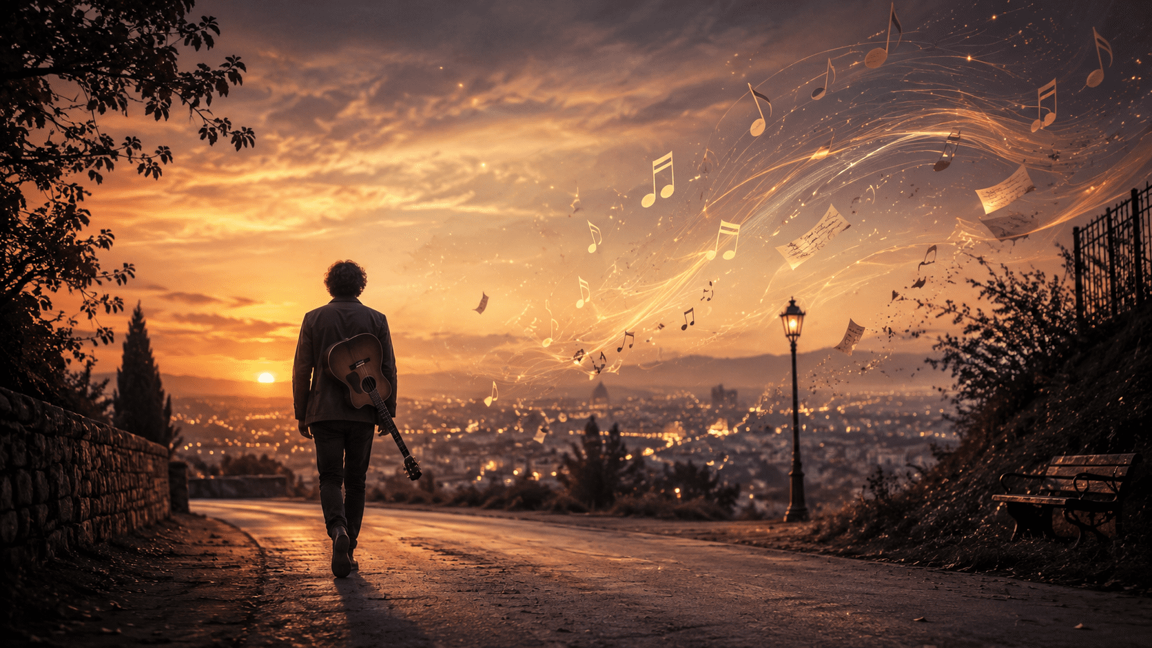 Ein Mann mit Gitarre geht bei Sonnenuntergang einen Hügelweg hinunter; Musiknoten schweben durch die Luft