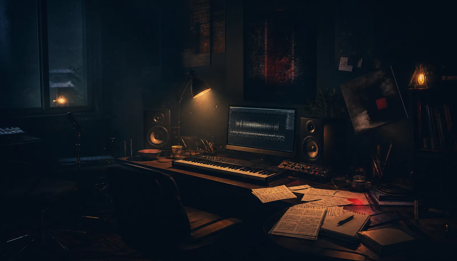 Nocturnal creative storm music studio room with waveform monitor, MIDI keyboard, warm lamp, studio speakers and scattered notes