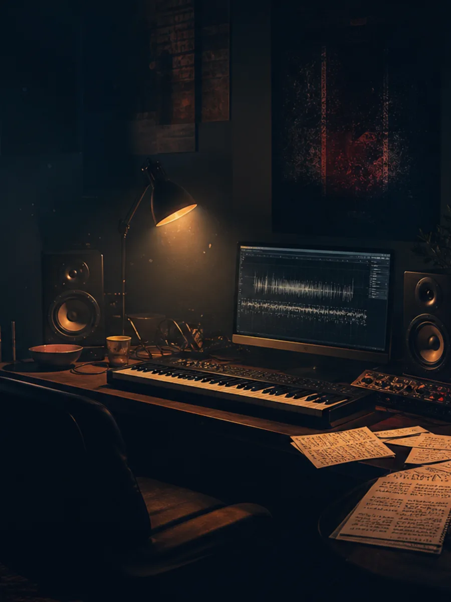 Dark independent music studio atmosphere with abstract sound textures and soft light