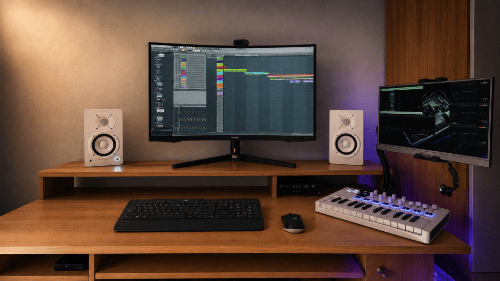 Umberto Santamaria’s studio with DAW session, monitors and EQ analysis screen